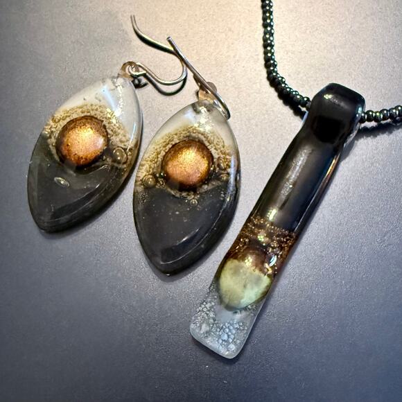 Handmade Jewelry - Handcrafted Modern Artisan Glass Earrings and Pendant Set